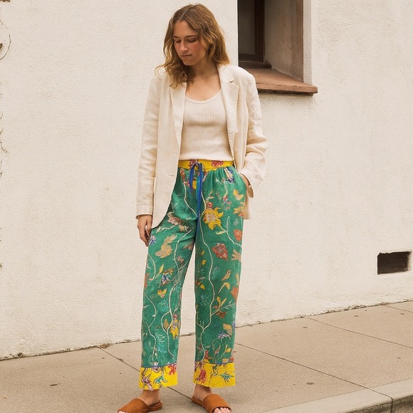 Anthropologie Other - Anthropologie Pajama Pants Womens XS Florence Broadhurst Green Floral Bird Print